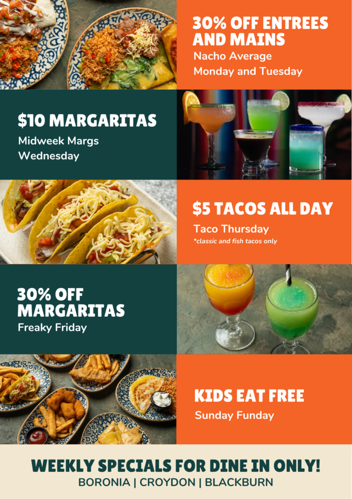 Carlos Cantina weekly specials: 30% off entrees and mains, $10 margaritas, $5 tacos, 30% off margaritas and kids eat free