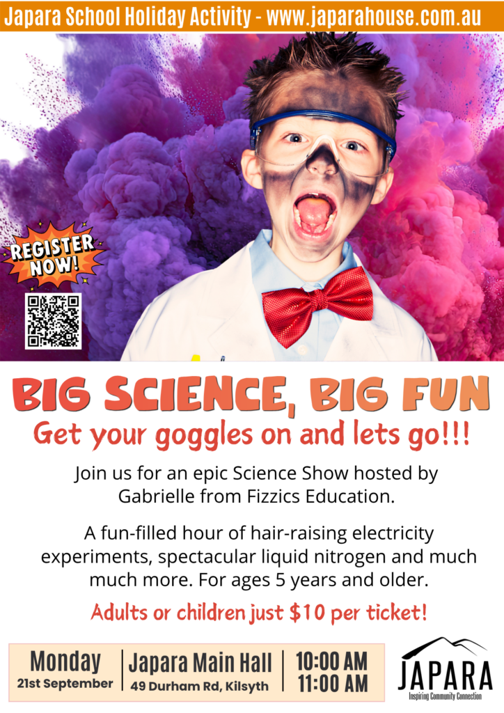 Child dressed as a scientist promoting Big Science – Big Fun! at Japara Neighbourhood House on 21 September 2026.