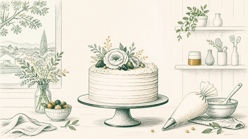 MX editorial illustration of a celebration cake on a local maker’s worktable with piping tools and flowers.