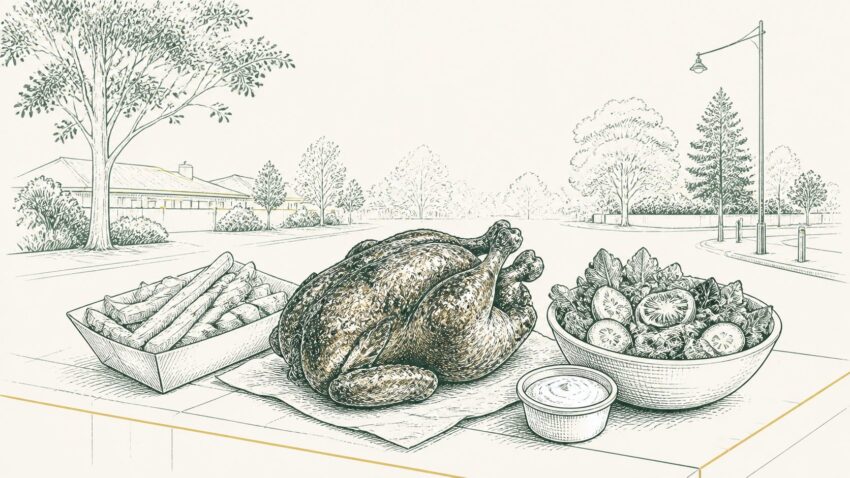 MX editorial illustration of a local chicken meal with roast chicken, chips and salad in a suburban Maroondah setting.