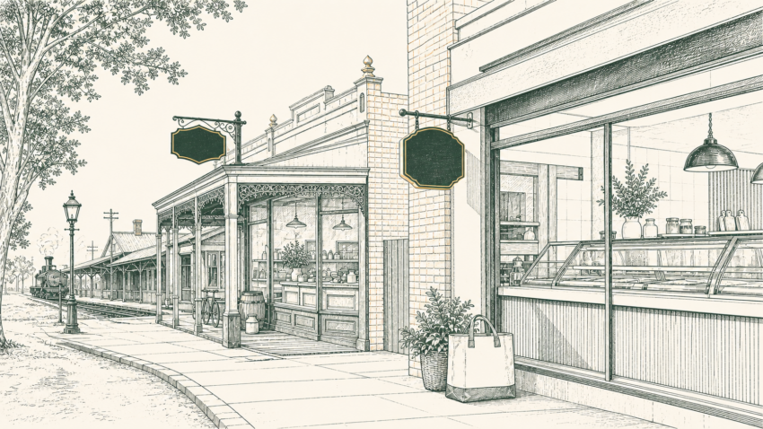 Line-art editorial illustration showing an early railway-era township shopfront blending into a present-day local butcher shop.