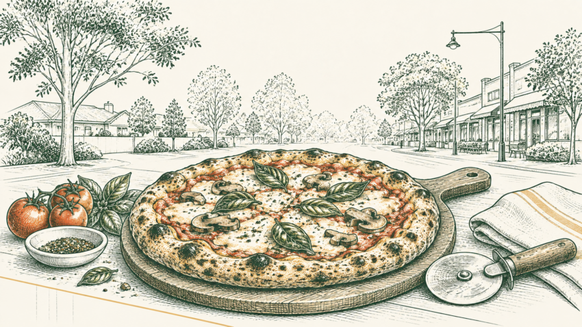 MX editorial illustration of a freshly baked pizza with tomato, cheese, basil and mushrooms in a leafy Maroondah setting.