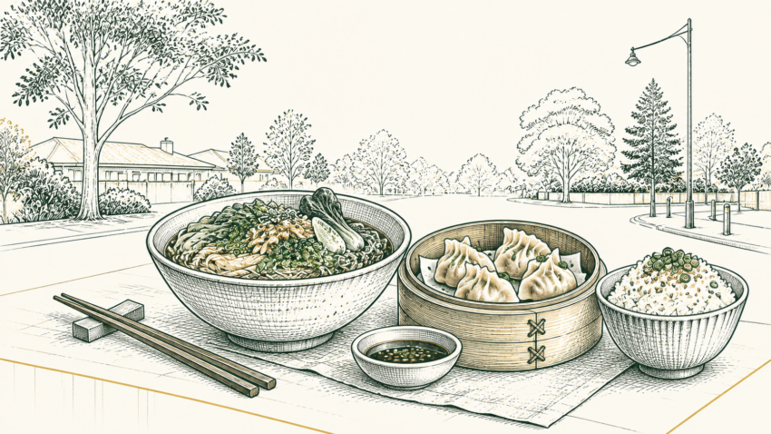 MX editorial illustration of noodles, dumplings and rice in a leafy Maroondah dining setting.