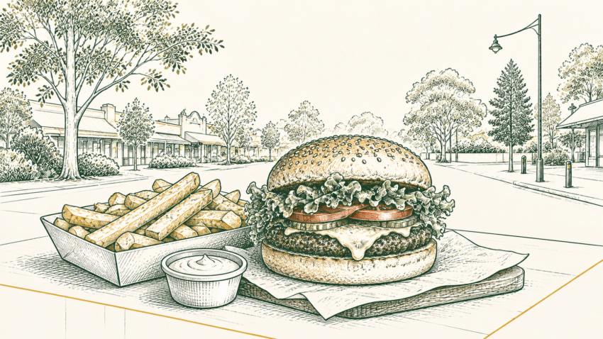 MX editorial illustration of a classic burger with chips and sauce in a leafy Maroondah setting.