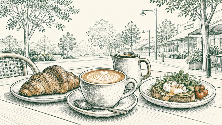 MX editorial illustration of coffee, a croissant and brunch plate in a leafy Maroondah café setting.