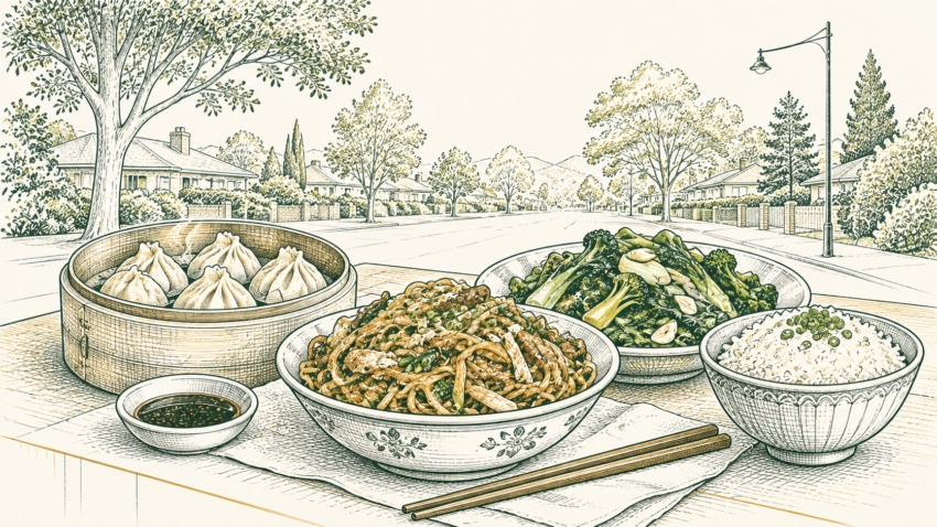 MX editorial illustration of dumplings, noodles, stir-fried vegetables and rice in a leafy Maroondah setting.