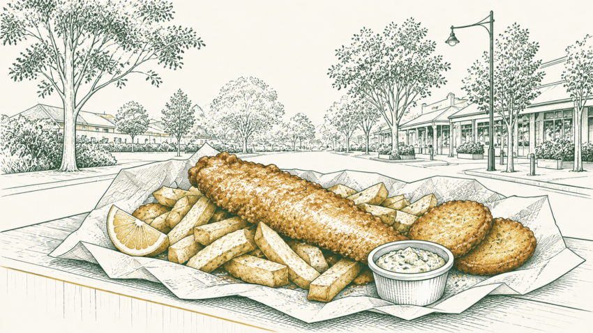 MX editorial illustration of fish and chips with lemon, tartare and potato cakes in a leafy Maroondah setting.