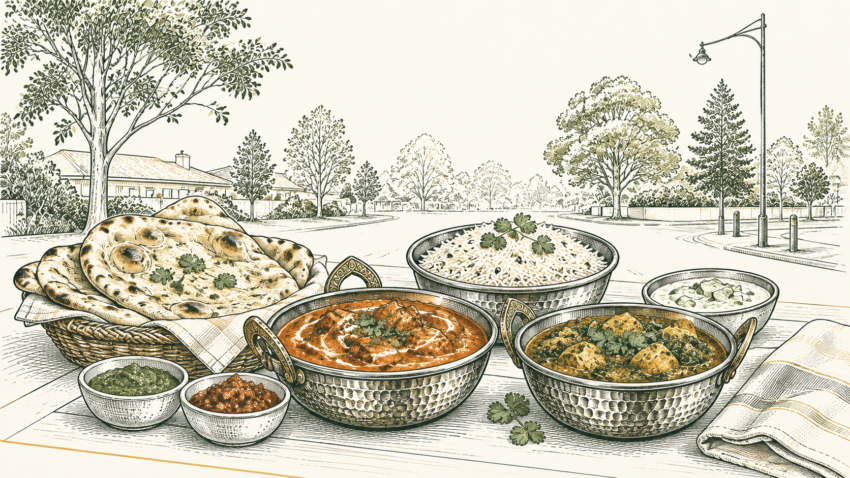 MX editorial illustration of Indian and South Asian curries, basmati rice, naan and chutneys in a leafy Maroondah setting.