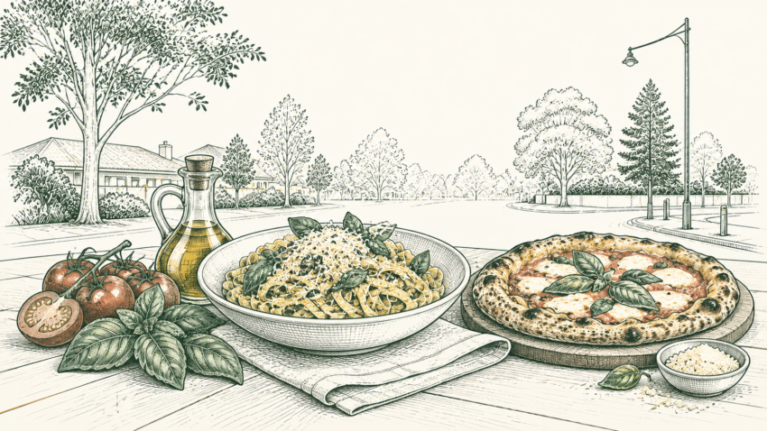 MX editorial illustration of pasta, pizza, tomato and basil in a leafy Maroondah dining setting.
