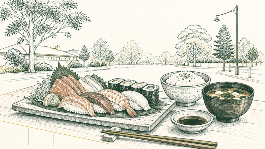 MX editorial illustration of sushi, sashimi, rice and miso soup in a leafy Maroondah setting.