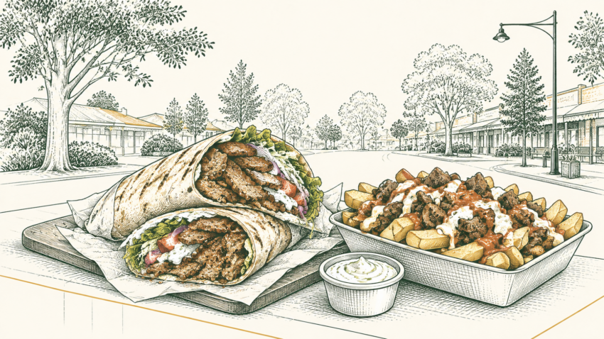 MX editorial illustration of a kebab wrap and HSP with chips and sauces in a leafy Maroondah setting.