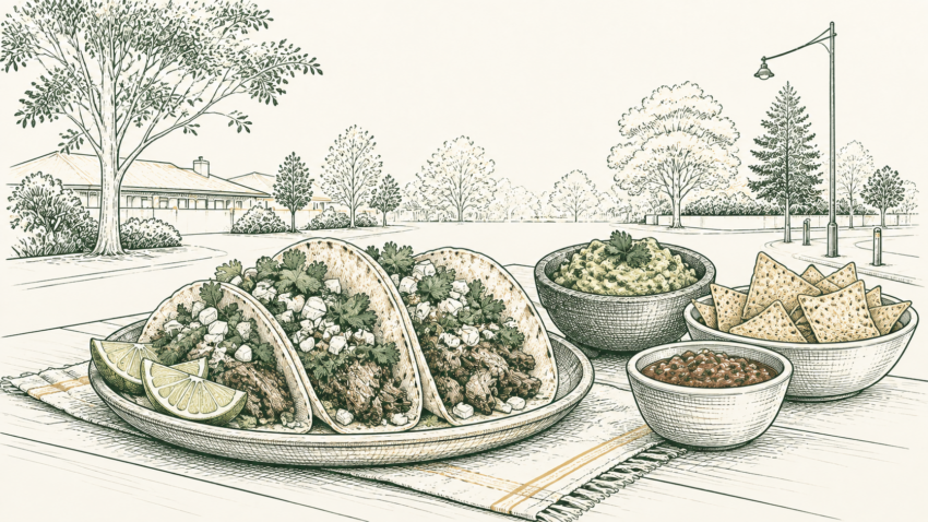 MX editorial illustration of tacos, guacamole, salsa and tortilla chips in a leafy Maroondah setting.