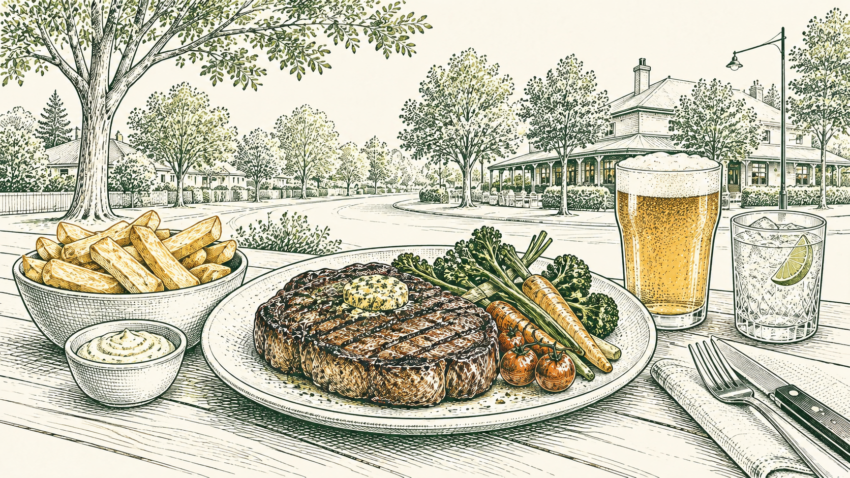 MX editorial illustration of a pub meal with steak, vegetables, chips and drinks in a leafy Maroondah setting.