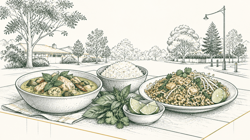 MX editorial illustration of Thai curry, jasmine rice, noodles and fresh herbs in a leafy Maroondah setting.