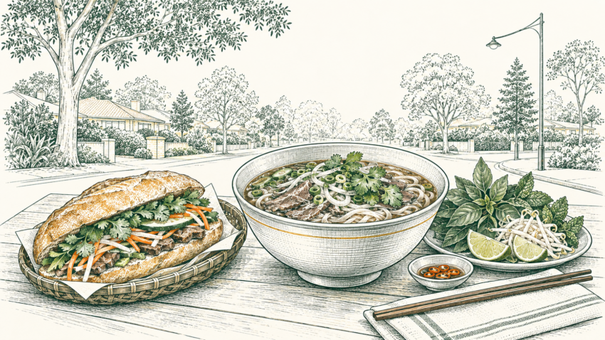 MX editorial illustration of pho, bánh mì, fresh herbs and lime in a leafy Maroondah setting.