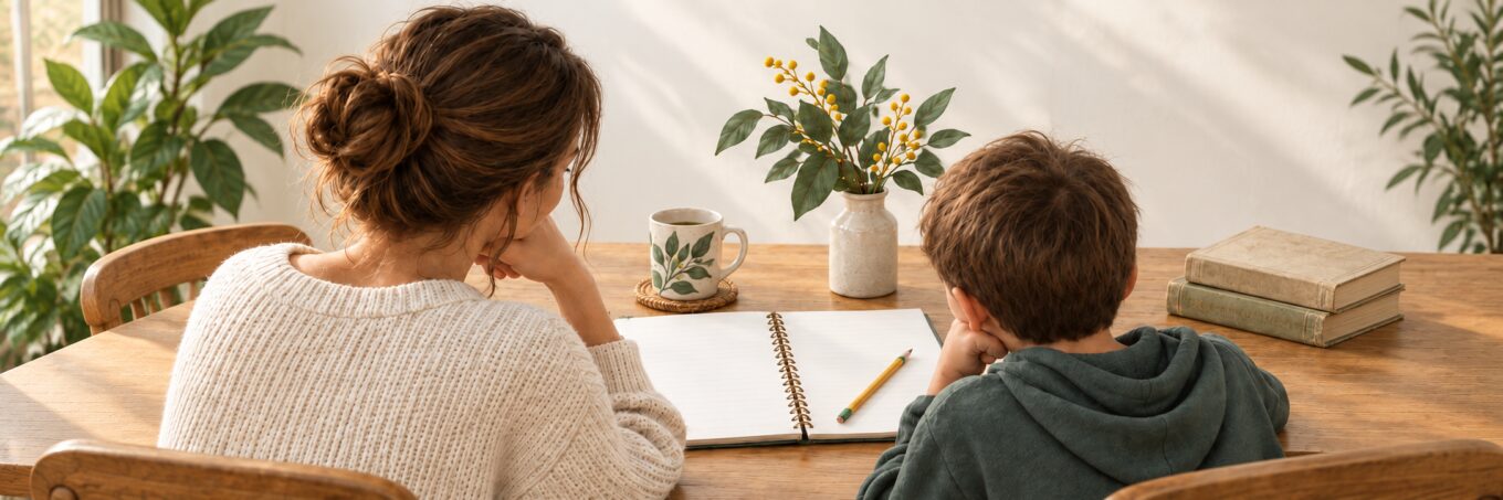 A parent and child planning activities together at a table.