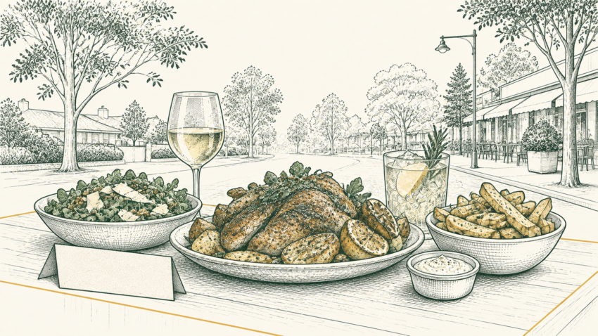MX editorial illustration of an affordable shared local meal and drinks in a leafy Maroondah dining setting.